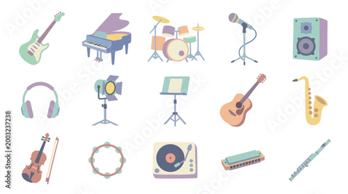 Flat Design Music Instruments Icon Set, Vector Art
