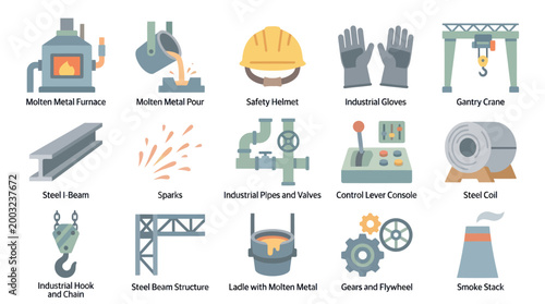Flat Steel Production  Metallurgy Industry Equipment Process Icons Set