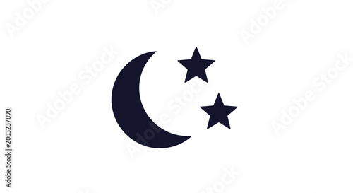 Simple graphic icon shows a dark blue crescent moon positioned next to two small stars against a white background.