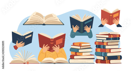Collection of diverse people enjoying reading books alongside tall stacks of literature on a light blue background.