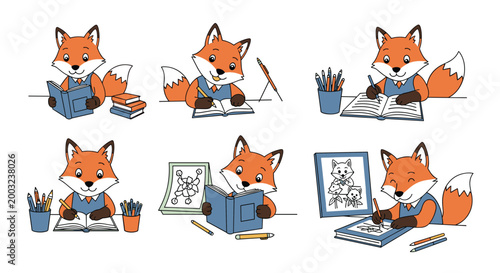 Educational scenes show a cute fox character engaging in various activities like reading books, writing, and drawing.