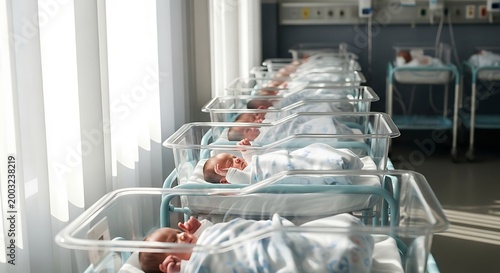 Newborn babies sleeping in bassinets in a hospital nursery ward
