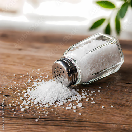 Premium ultra-realistic healthcare and nutrition concept featuring sea salt crystals spilling from an elegant glass salt shaker onto a rustic wooden surface. This visual symbolizes excessive sodium