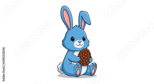 Adorable blue easter bunny character sits happily while holding a large chocolate egg decorated with sprinkles.