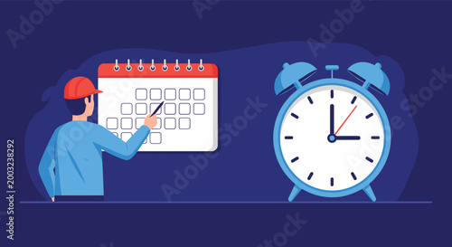Industrial worker in a hard hat points to a calendar next to a giant alarm clock to represent schedule management.