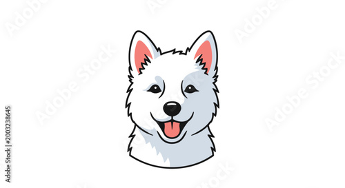 Friendly portrait of a white dog with pointy ears and a happy expression looks directly at the viewer.