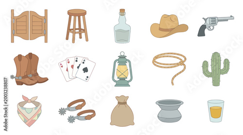Wild West Cowboy Icons Set - Flat Vector Illustration