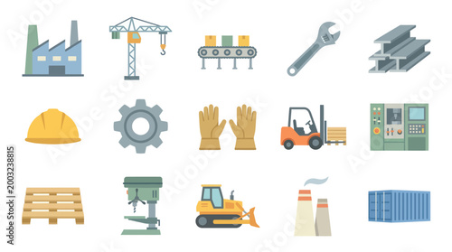 Industrial Manufacturing Icons Set - Flat Vector Style