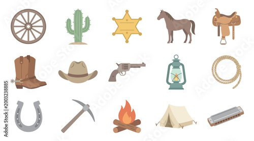 Western Cowboy Icons - Flat Design Vector Elements for Wild West Theme