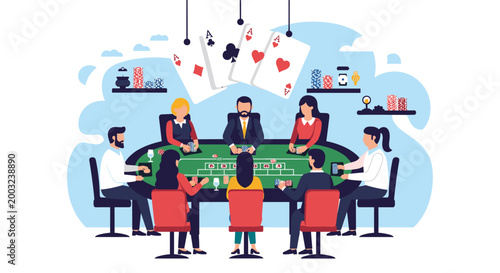 People enjoy a night of gambling at a casino table with oversized playing cards hanging above the group in a flat style illustration.