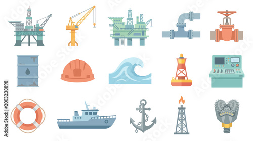 Flat Icons of Offshore Oil and Gas Industry Equipment and Tools