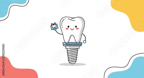 Cheerful cartoon tooth sits atop a dental implant screw while holding a business card to promote professional oral healthcare.