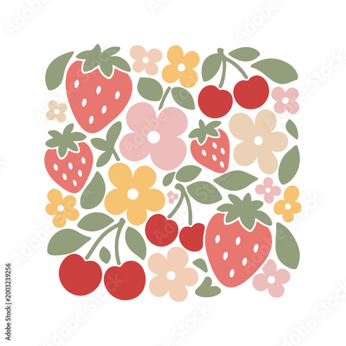 Strawberry cherry floral pattern.Flat vector illustration.