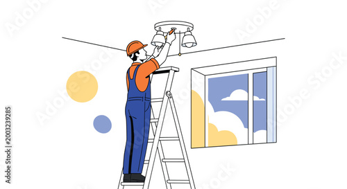 Skilled electrician wearing an orange hard hat and safety gear stands on a ladder to install or repair a ceiling light fixture.