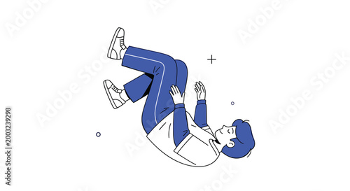 Stylized line art drawing shows a young man in blue clothing floating weightlessly in white space as if falling or dreaming.