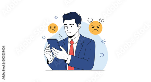 Angry businessman in a formal suit looks at his smartphone with frustrated expressions as angry emoji icons float in the background.