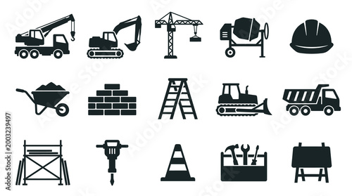 Construction Site Icons: Heavy Machinery, Tools, and Safety Equipment