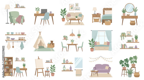 Cozy Home Interior Scenes Collection, Flat Design