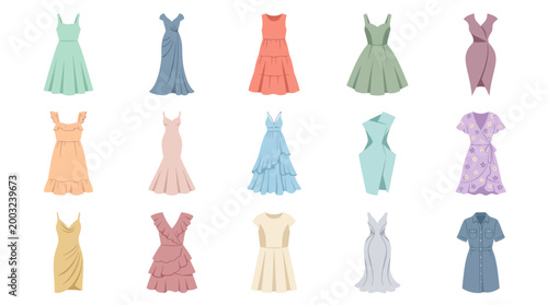 Flat Vector Collection of Various Women's Dresses