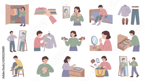 Daily Morning Routine Flat Vector Illustration Set for Getting Ready and Fashion Lifestyle