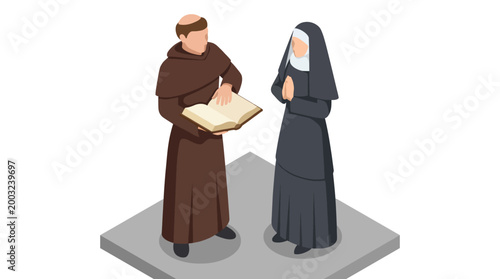 Photos A monk and nun are discussing religious texts, symbolizing spiritual wisdom and collaboration