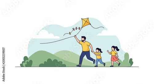 Happy father runs across a green field with his two young daughters as they fly a colorful kite together in a park.