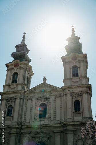 Cathedral of Saint Teresa of Avila in Subotica, Serbia under bright spring sky. Baroque twin towers rise above blooming trees in elegant city setting.