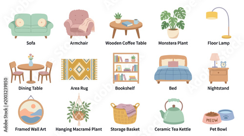 Flat Design Vector Icons of Home Furniture and Decor for Interior Design