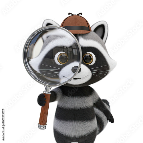 Cute cartoon raccoon detective holding a magnifying glass.