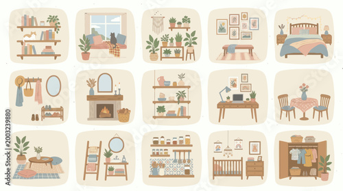 Cozy Home Interiors: Furniture, Plants, and Decor Vector Art