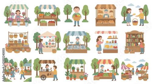 Flat illustration of diverse people at outdoor markets, food, books, flowers