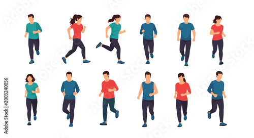 Set of twelve running and jogging silhouettes depicts men and women in various athletic poses for fitness, marathon, and healthy lifestyle themes.