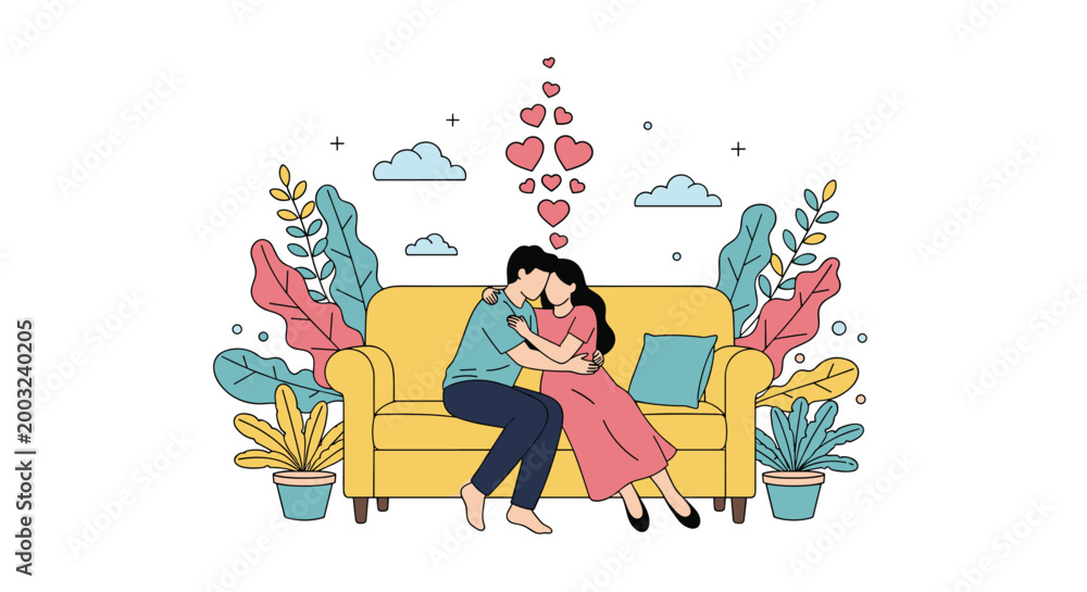 Naklejka premium Loving couple shares an affectionate moment on a yellow sofa surrounded by indoor plants and floating hearts in a cozy, decorated living room.