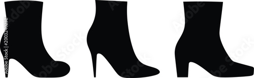Black silhouette set of three women's ankle boots with high heels, elegant fashion footwear icons isolated on a white background.