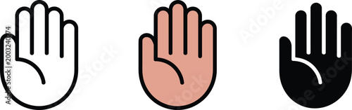 Raised hand icon set. Stop gesture and volunteer symbol in outline, flat and solid style