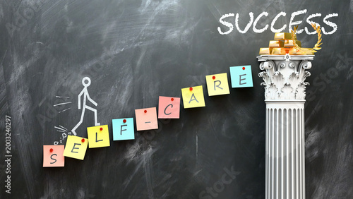 Self-Care leads to Success - a metaphor showing self-care as a fundament that is essential for success. Symbolizes the importance of self-care and cause and effect relationship. ,3d illustration