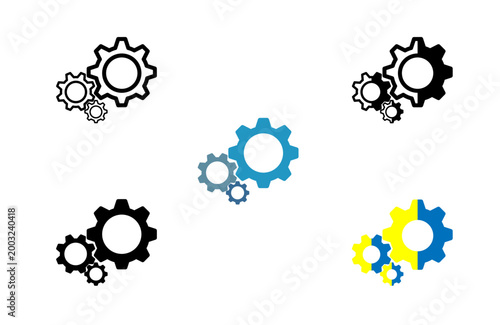 Gears and cogwheels icon set in 5 creative styles. Minimalist line art, solid black, modern blue, and creative dual-tone variations. Professional vector collection for teamwork, mechanical process.