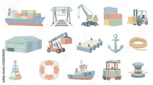 Flat Vector Icons of Maritime and Port Equipment