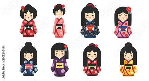 Collection of eight traditional Japanese Kokeshi dolls features various designs and colorful kimonos representing East Asian folk art crafts.
