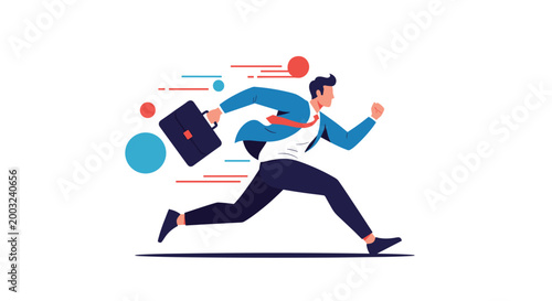 Energetic businessman in a blue suit runs quickly with a briefcase, symbolizing a fast-paced career, deadlines, or a race for business success.