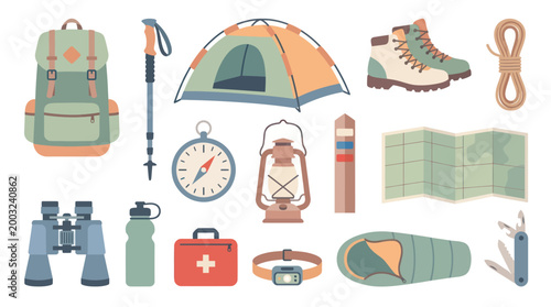 Flat Illustration of Camping Gear and Hiking Equipment