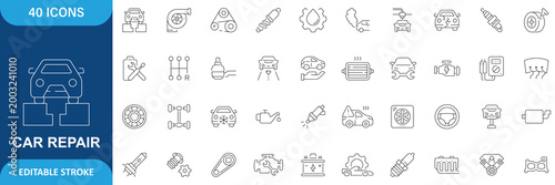 Car Repair Icon Set. Containing Service, Maintenance, Inspection, Parts, Engine, Garage, Mechanic, Tools, Workshop, Vehicle, Automotive Service and More. Line Icon. Editable Stroke. Vector file
