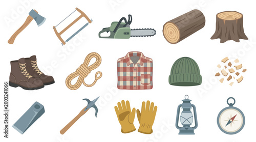 Lumberjack equipment and tools, vector flat illustration, camping and survival