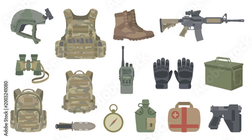 Military Gear Equipment Vector Icon Set Flat Style