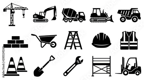 Construction Site Icons: Crane, Excavator, Truck, Tools, Safety Gear, Vector Art