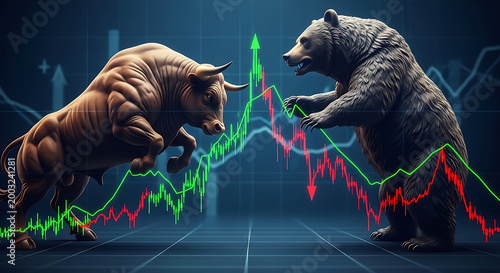 bull and bear facing off over trading graph on transparent background