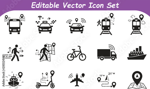 Urban public transport and navigation delivery service icons vector set