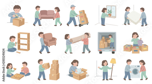 Moving House Family Packing Boxes Furniture and Appliances Vector Art