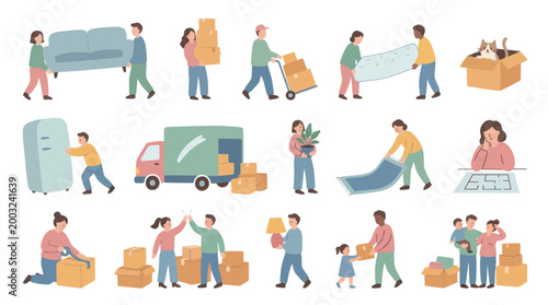 Flat Illustration of People Moving Home, Carrying Furniture and Boxes with Truck - Relocation Service