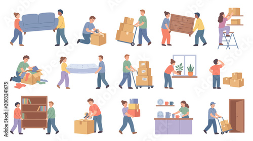 People Moving House, Furniture, Boxes, Flat Style Illustration